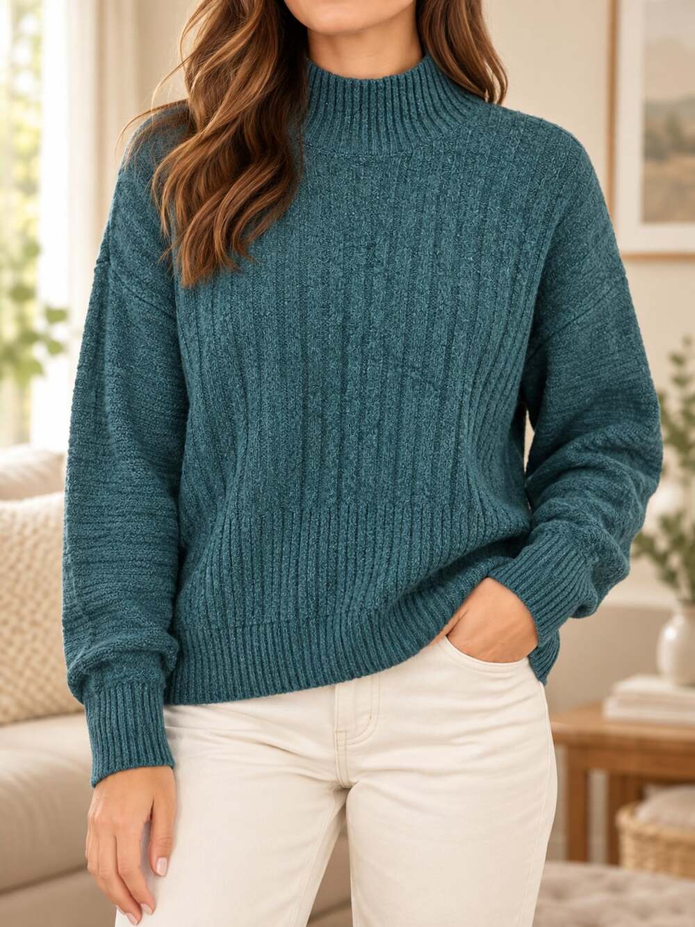Time and Tru Ribbed Mockneck Sweater Size M Teal Green Knit Pullover Top